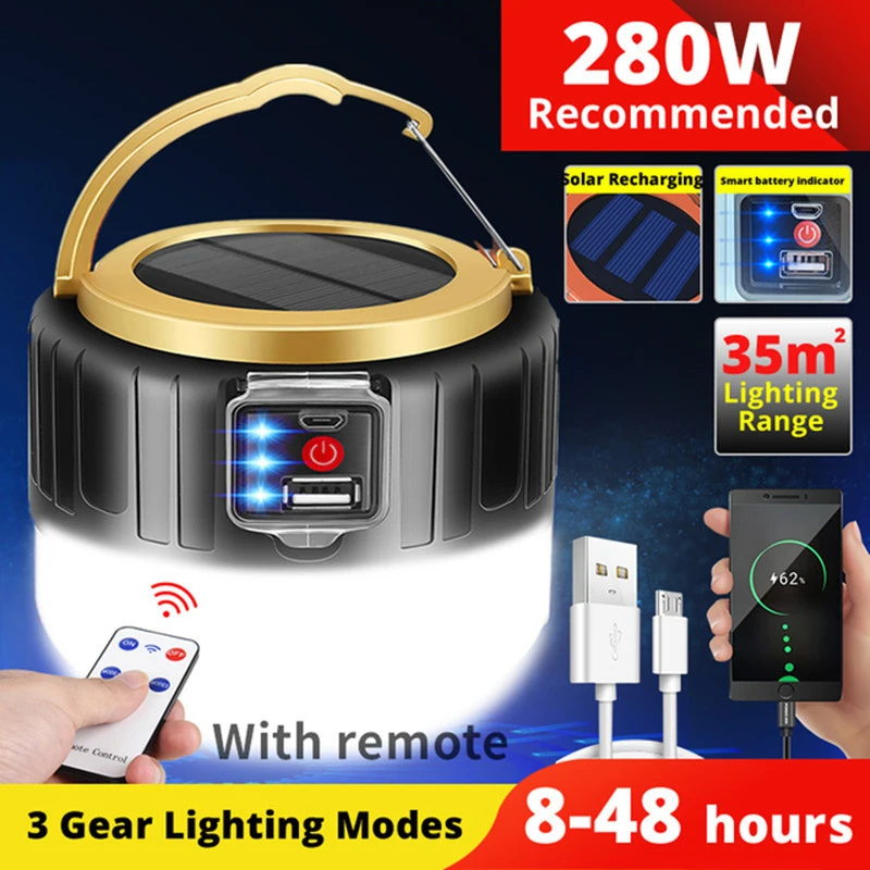 

Solar LED Camping Light USB Rechargeable Bulb For Outdoor Tent Lamp Waterproof Portable Lanterns Emergency Lights For BBQ Hiking