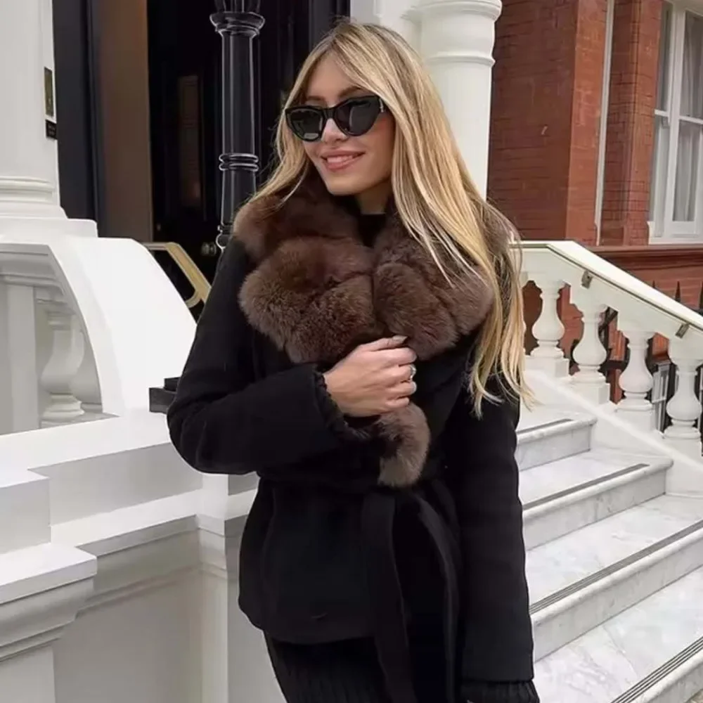 European Style Womens Woolen Coat Winter Retro Turn-Down Collar Faux Fur Belted Waist Long Sleeve Short Outerwear Chic