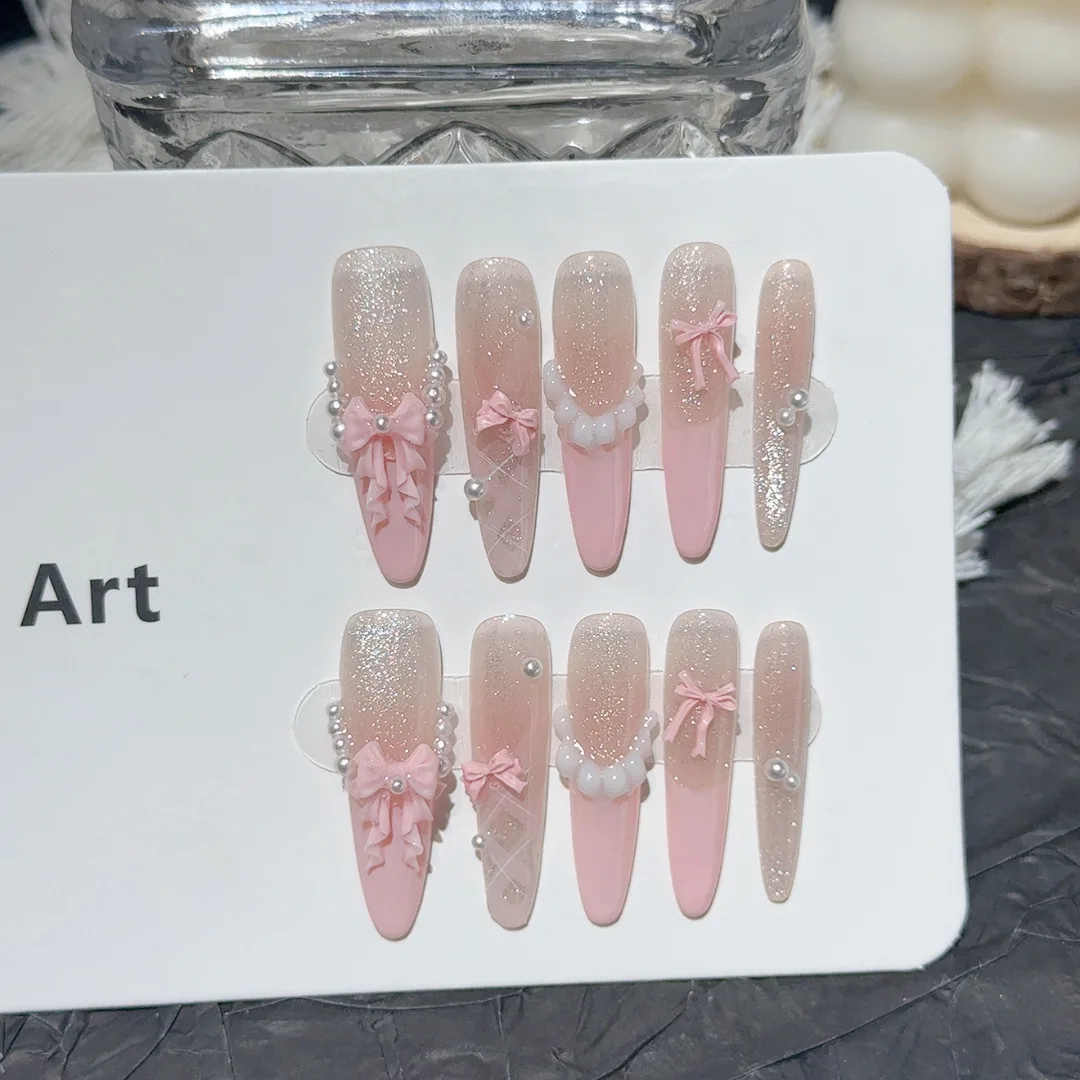 10 قطعة الصحافة الفرنسية اليدوية على الأظافر الحلو لطيف الوردي القوس اللؤلؤ تصميم وهمية مسمار نصائح يمكن ارتداؤها Ins الكورية التوابل الفتيات الأظافر كاذبة #3