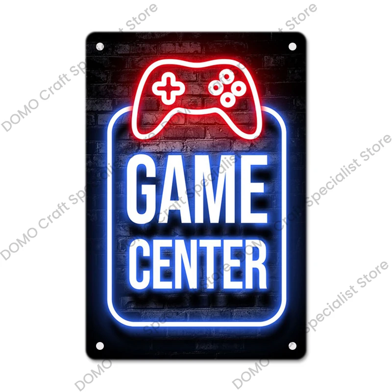 Neon Gaming Gamer Poster Vintage Metal Tin Signs Sleep Game Retro Metal Plaque Wall Art Decor for Boys Girls Playroom Home