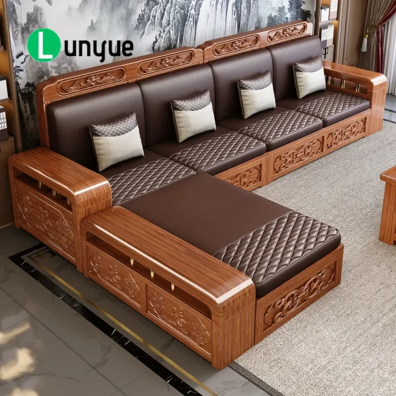 Solid Wood Chinese Sofa Walnut Gold Silk Carved Storage Living Room Furniture Small Apartment Winter Summer Dual Purpose