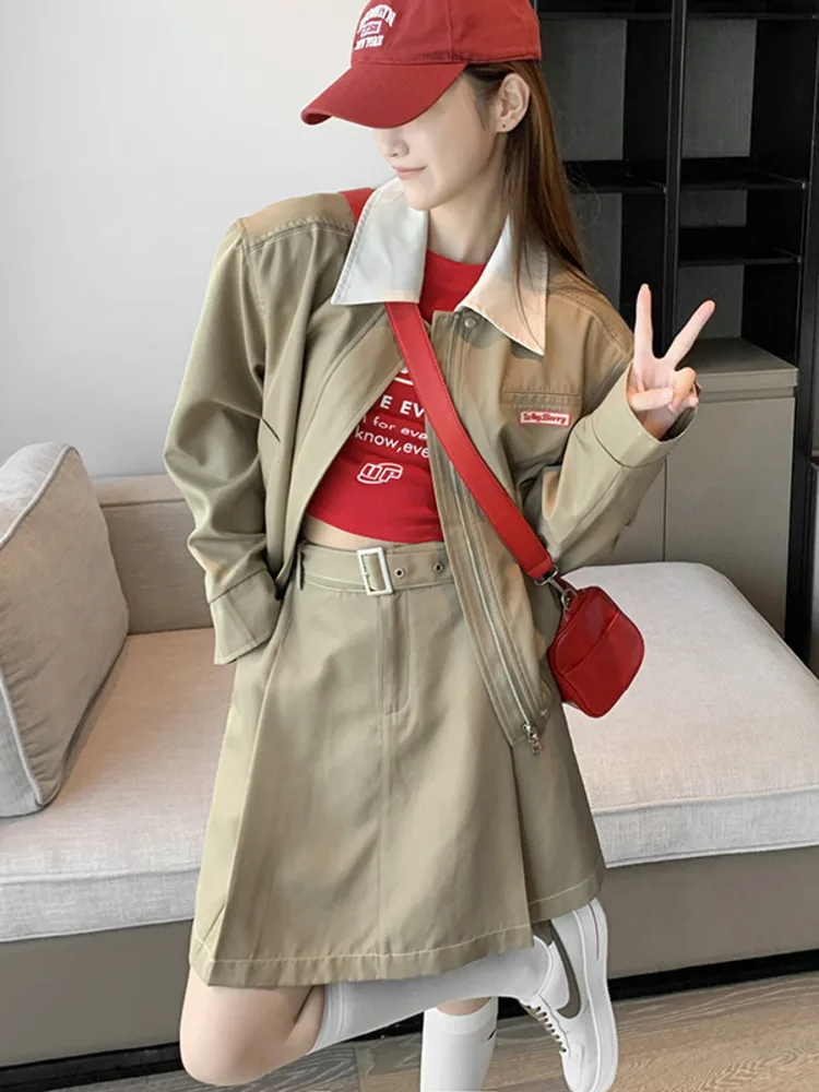 Vintage Two-piece Women Skirt Suits Korean Fashion Spring Jacket Long Sleeve Coat High Waist Pleated Mini Skirt Girls Sets