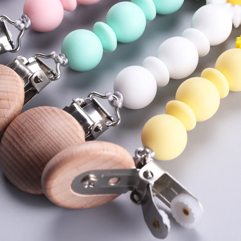 Handmade Beech Wood Baby Pacifier Clips Daisy Silicone Chew Beads Infant Nipple Clip Teether Teething Toy Baby Pacifier Chain