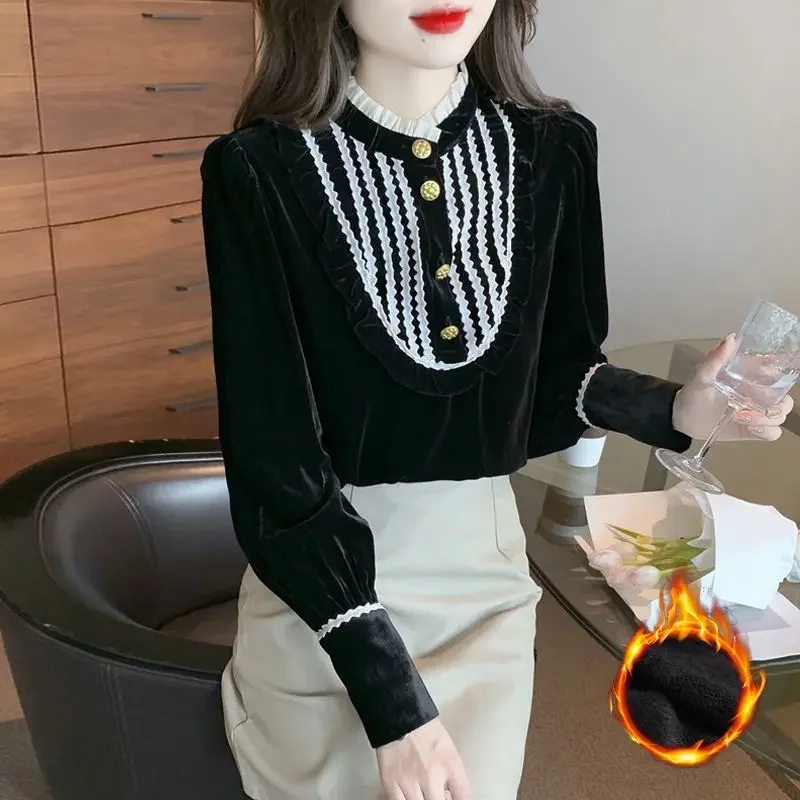 Women's New Gold Velvet Spliced Long Sleeved Button Top with Velvet Autumn Fashion Elegance Versatile Comfortable T-shirt B342