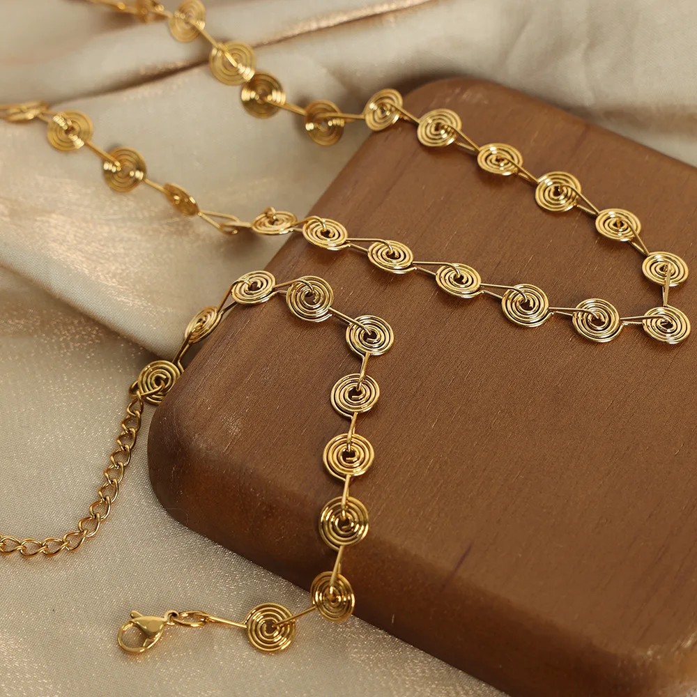 Fashion Round Pendant Chain Necklace for Women 316L Stainless Steel Gold Plated Bangle Jewelry Set Gift Hip Hop Accessories