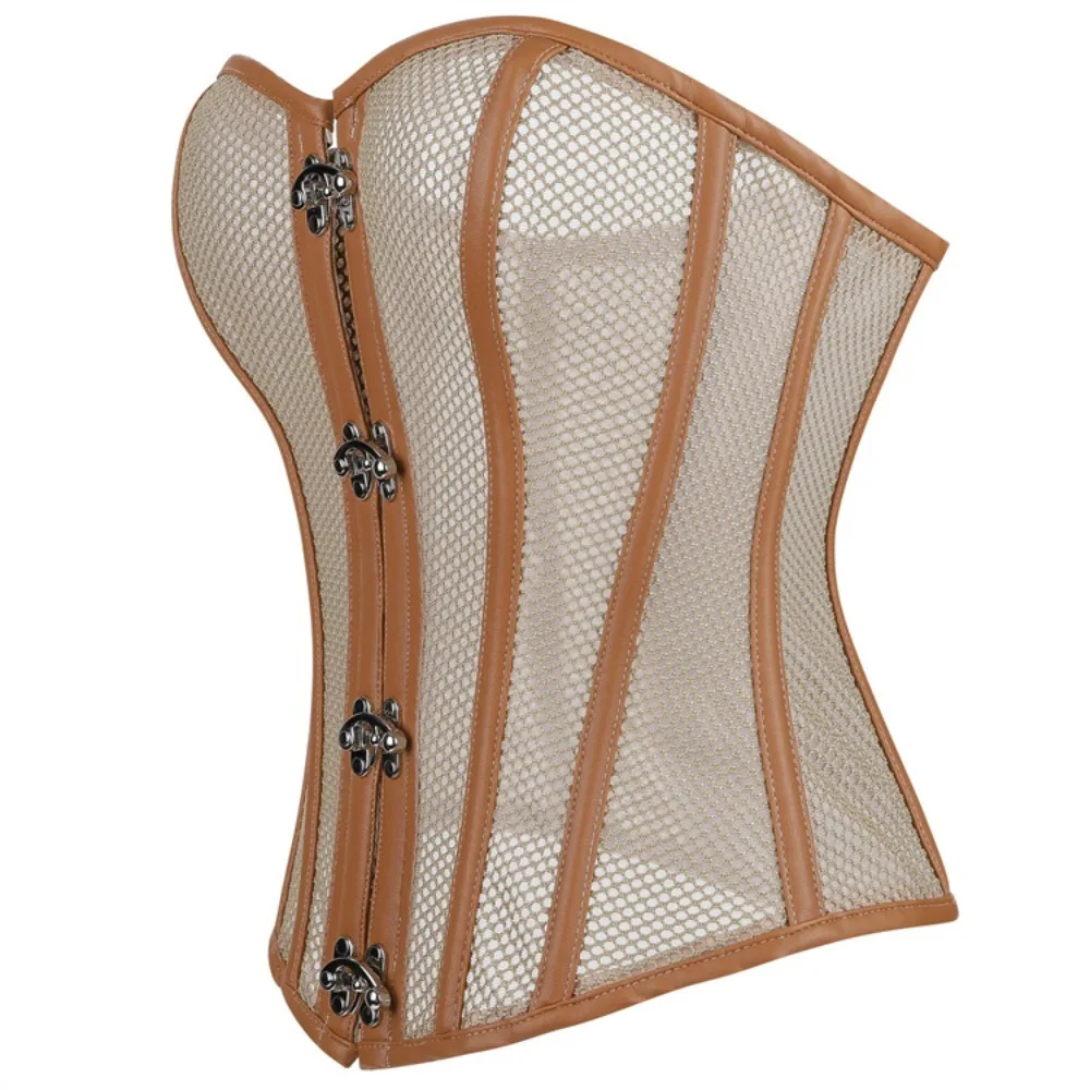 

Sexy Women khaki Hollow Out Mesh Corset Tops Hourglass Waist Gothic Slimming Shaper Bustiers Tummy Control Corselet