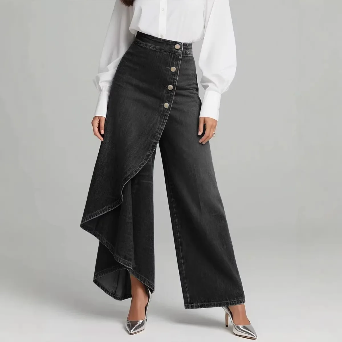 

Women Solid Color Loose Long Hem Washed Denim Look Button Decor Casual Skirt Pants
