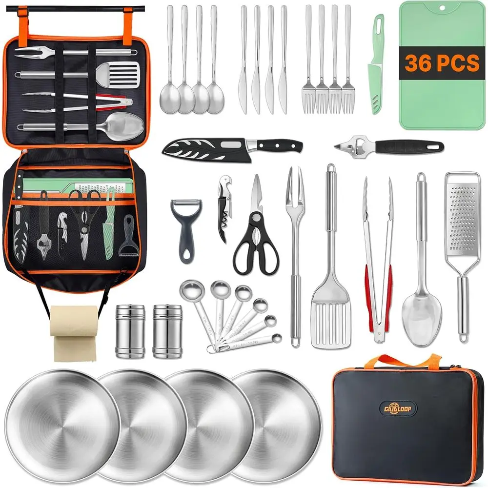 

Compact Camping Kitchen Set with Organizer Bag, Outdoor Cooking Utensils for RV, Travel, Picnics, and BBQs