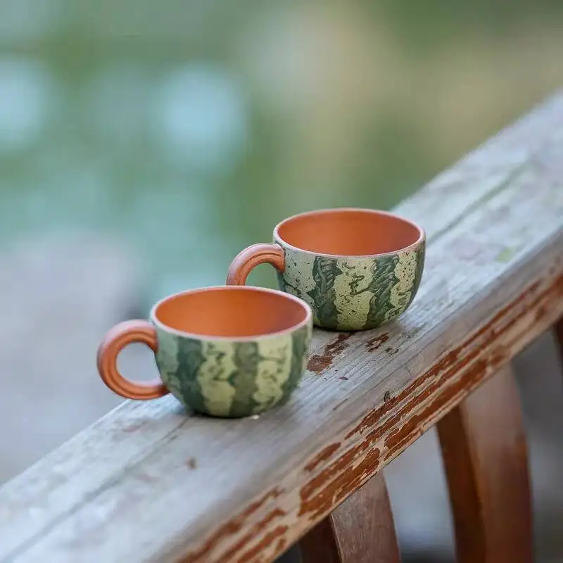 [Not Just A Pot]Yixing Zisha Handmade Old Duan Clay Slurry Imitation Watermelon Tea Cup Large Size 60Cc/Piece