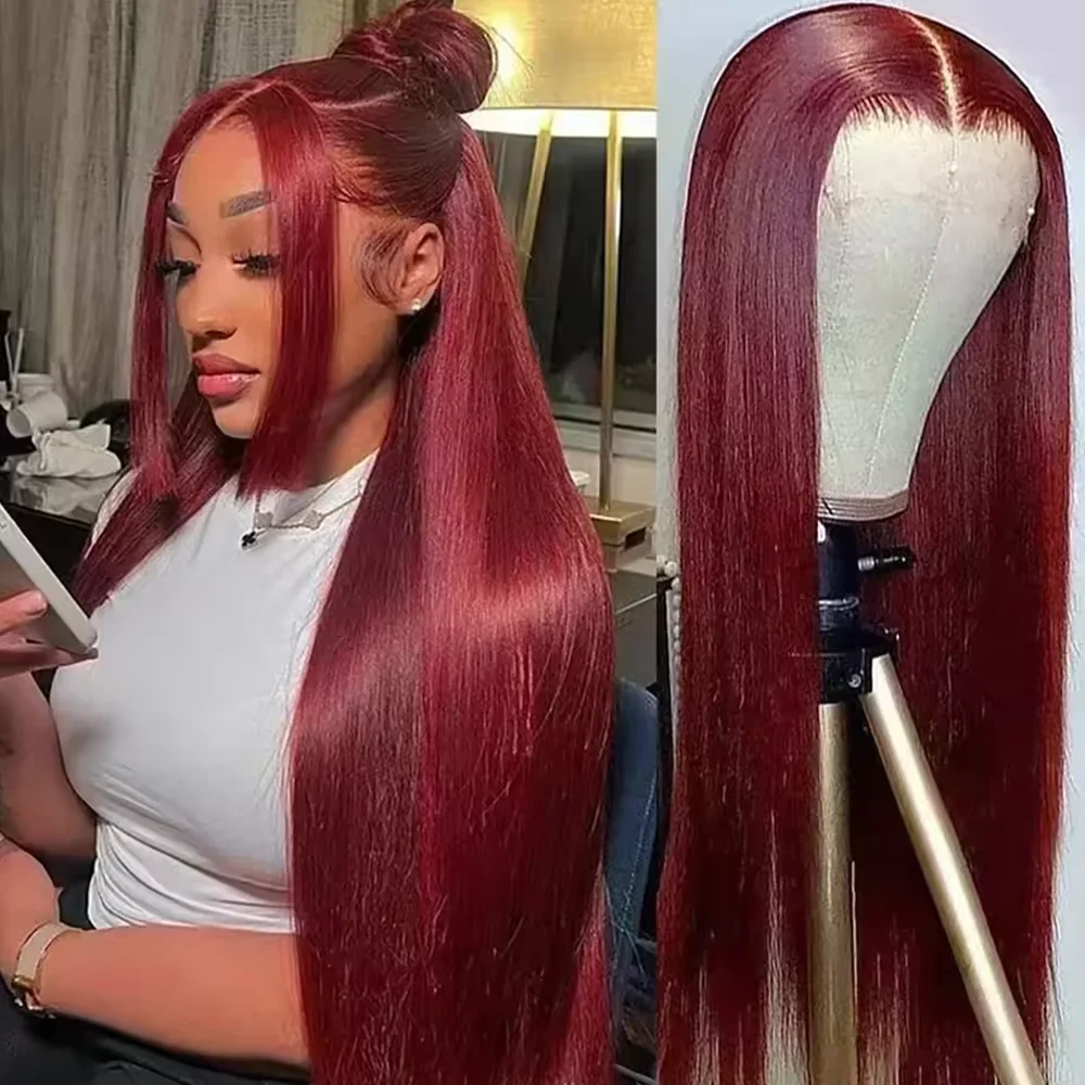 

200% Density 99j Burgundy Straight Wigs 24 30 Inch 13x4 Lace Frontal Human Hair Wigs For Women Soft Shiny