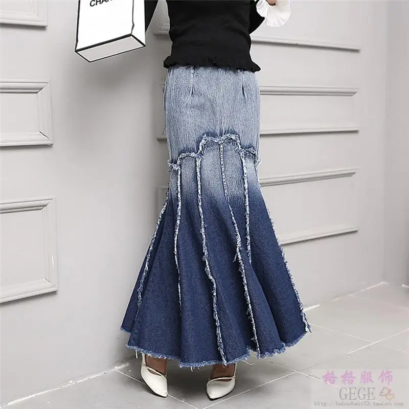 Free Shipping 2022 New Fashion Long Maxi Denim Jeans Skirts For Women S-L Mermaid Style Skirts With Tassels Spring Autumn