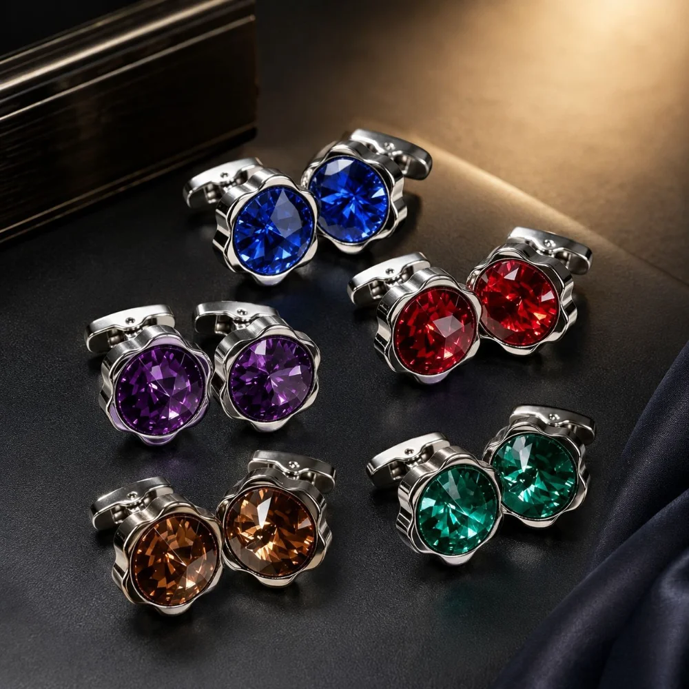 Men's Large Round Rhinestone Cufflinks Multi Color Crystal Flower Edge Metal Cuff Links Shirt Sleeve Buttons Wedding Groom Gift
