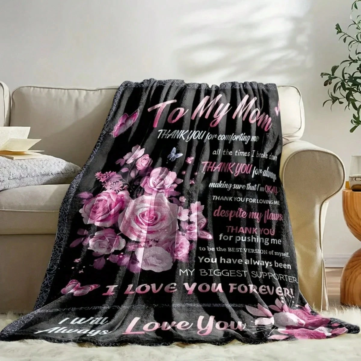 1 To My Mom Rose Blanket Single Sided 2D Print Soft Flannel Throw Blanket Living Room Sofa Couch Family Decor Heartwarming Gift