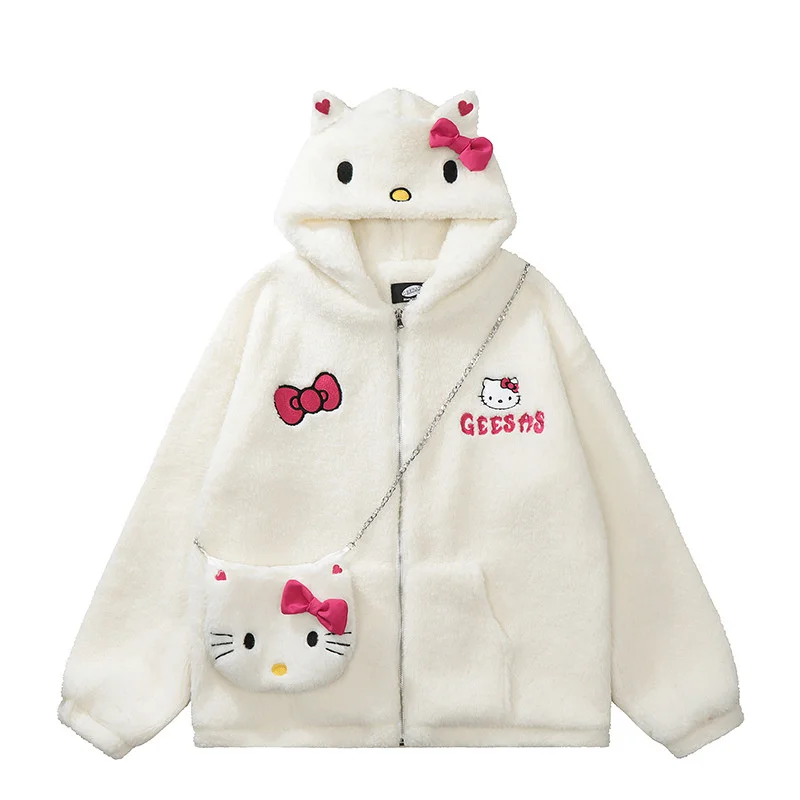 

Hello Kitty Long Sleeved Hooded Jacket For Women Cute White And Plush Warm Cartoon Cotton Jacket Autumn And Winter Girls' Jacket