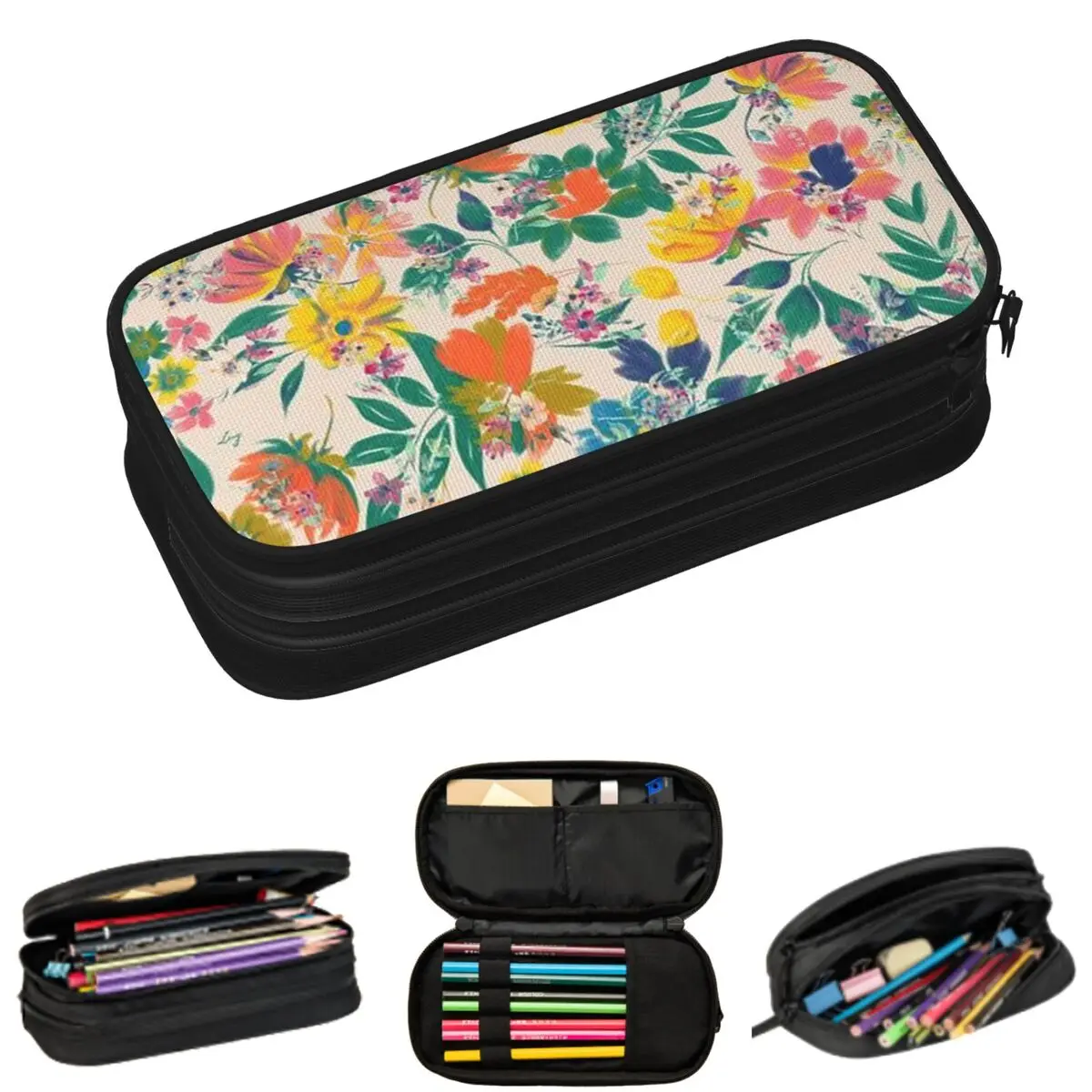 

Vintage Colorful Floral Oil Painting Pattern Pencil Cases for Students School Pen Box Pencil Bag Big Capacity Pencil Pouch