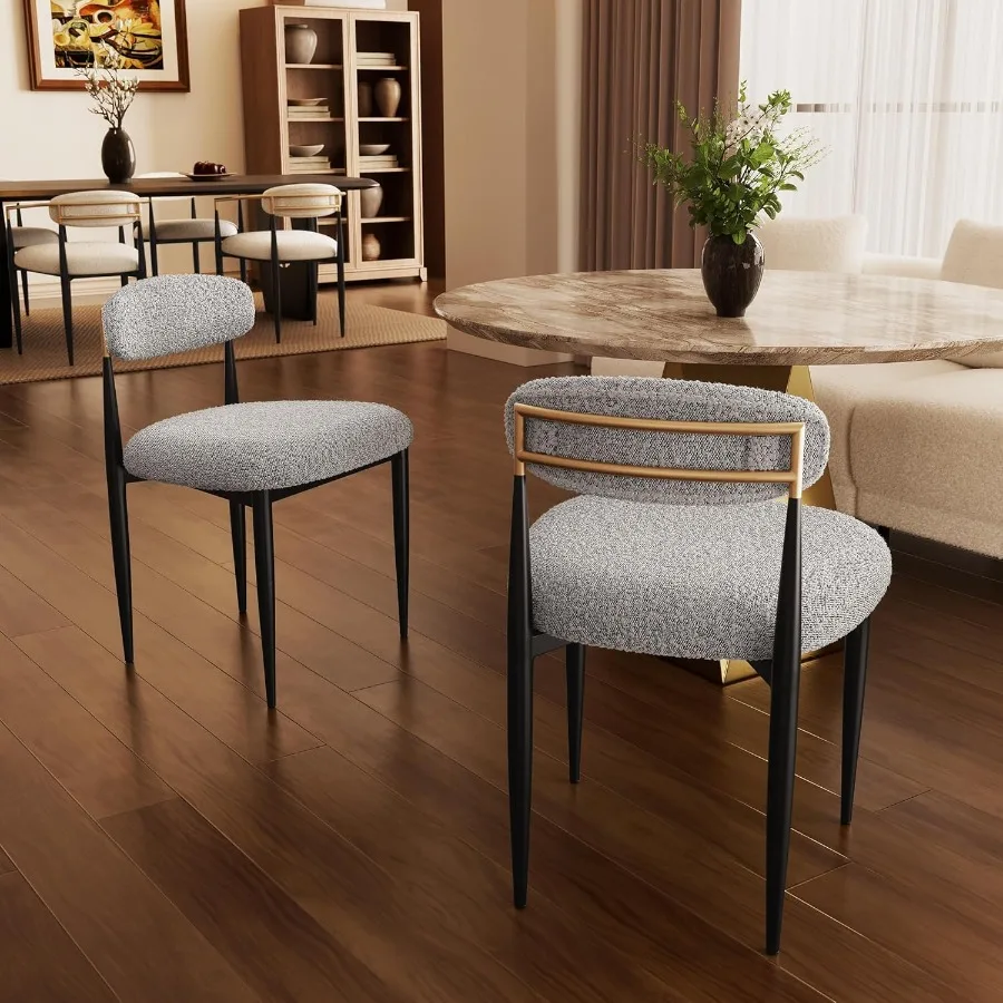 Modern Dining Chairs Set of 2 Boucle Upholstered Side Chairs with Open Back and Metal Frame for Dining Room Kitchend Apartment