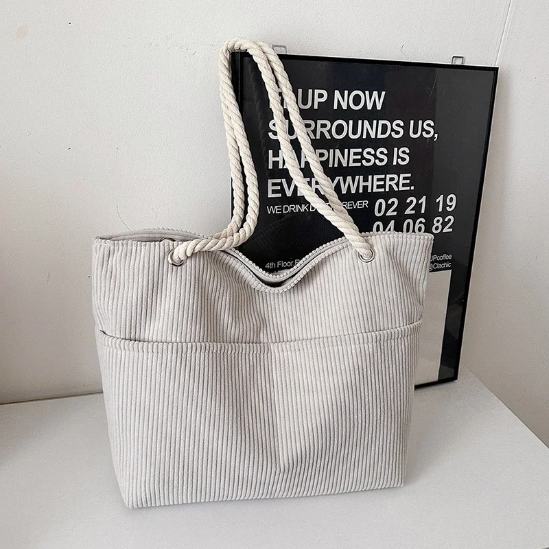 Sewing Thread Solid Color Zipper Shoulder Bags 2025 Hot Sale Corduroy Casual Tote Bags for Women Simple Women's Handbags