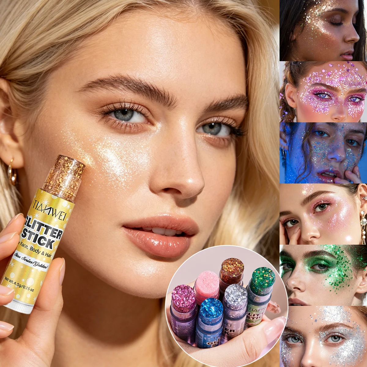 6-Pack Glitter Stick Set, Sequin Gel Face, Waterproof and Sweat Proof, Long-Lasting Shine, Multiple Colors, A Shiny Makeup Look