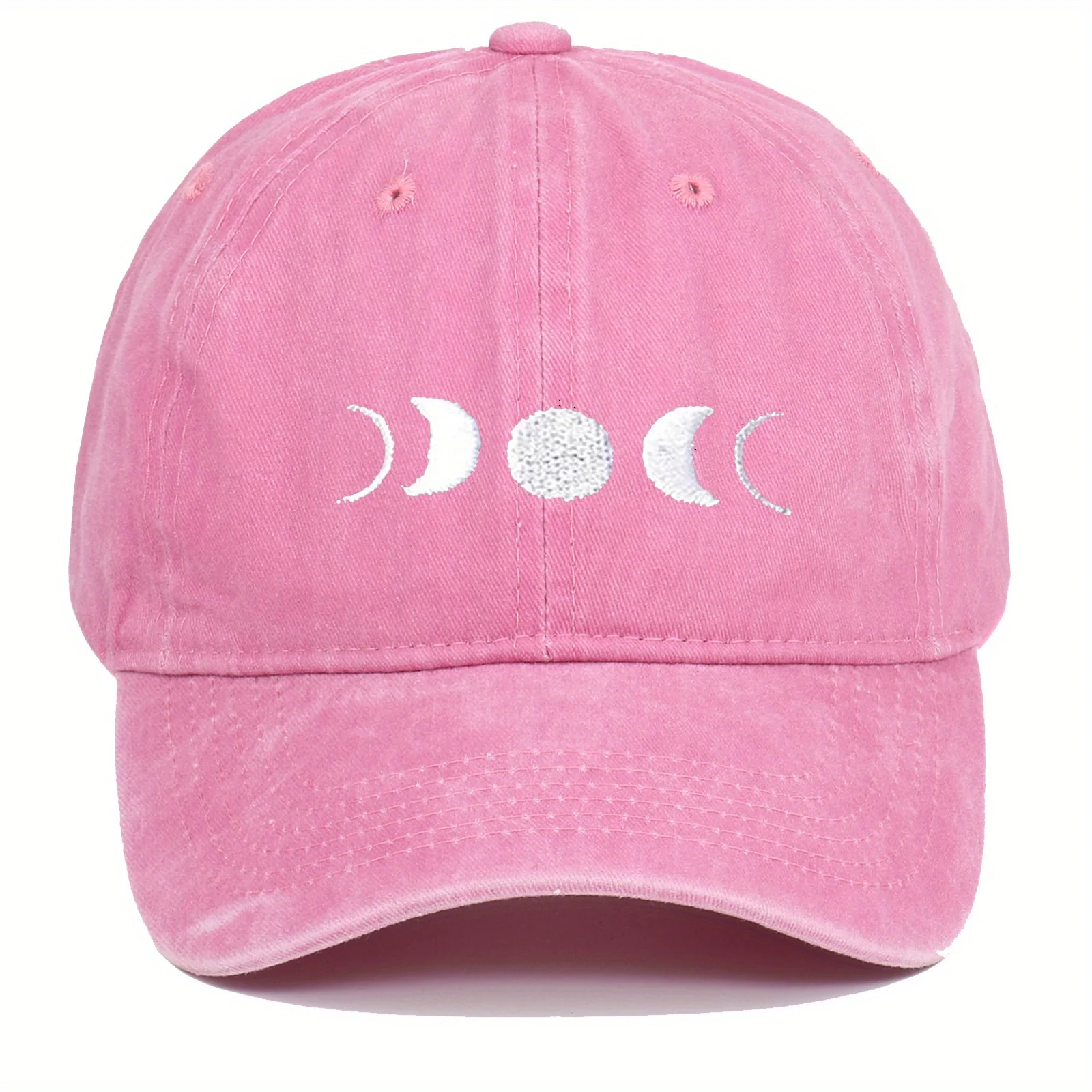 Moon Embroidered Baseball Cap - Vintage Washed Adjustable Unisex Hat with Crescent Moon Design, Breathable Fabric for Valentine'