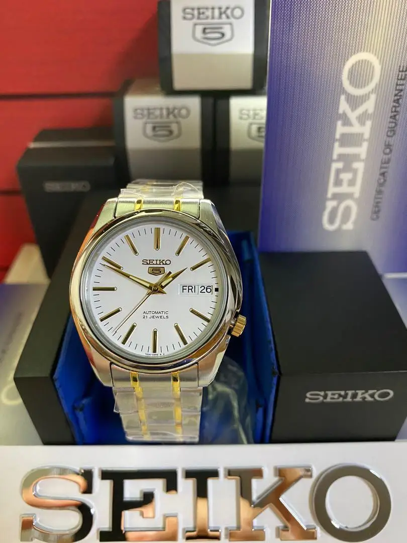 Reloj Automático SEIKO SNKL47K1 Original para Hombre, 38 mm, Esfera Blanca, Correa de Dos Tonos, Resistente al Agua 30 m, Regalo para Esposo