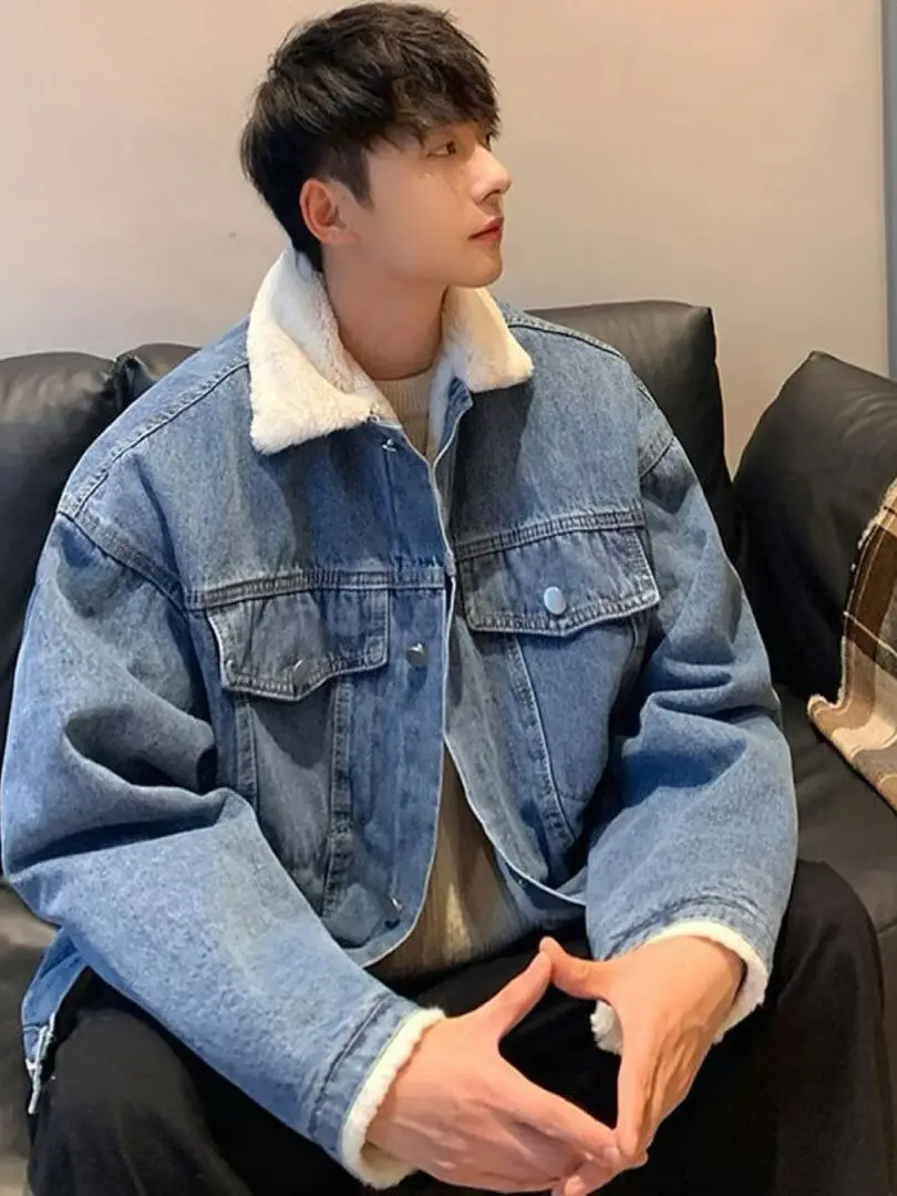 

Men's Winter Thiened Fce Lined Denim Jaet Loose Fit Trendy Inner ket Design Couple Cotton Jaet Top Youth