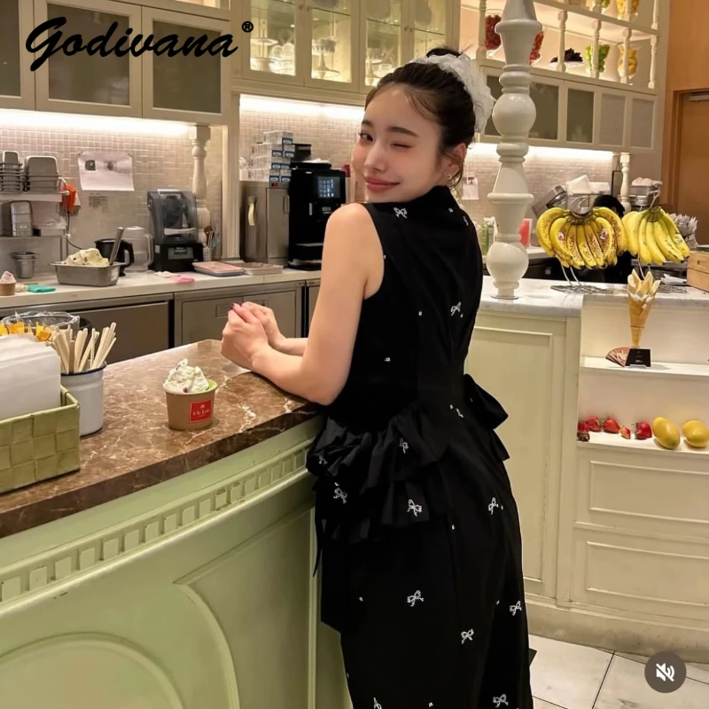 和風新しい夏のレディースエレガントなちょう結びプリントノースリーブロングドレスラウンドネックフリルブラックタンクドレス