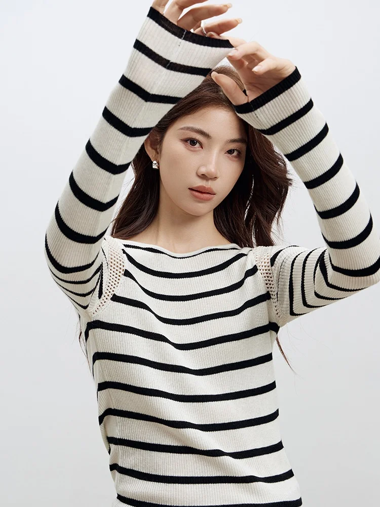 Birdtree, Wool Blended Knitted Stripe Undershirt, Women's Slash Neck Full Sleeve Hollow Sweater, 2026 Autumn Pullover T67719JF