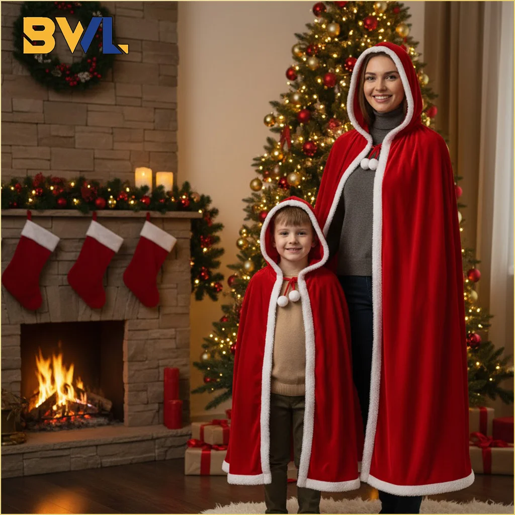 Christmas Shawl Cape Hooded Santa Claus Costume Red with Hat Cosplay Winter Warm Coat Holiday Performance Outfit Party Dress