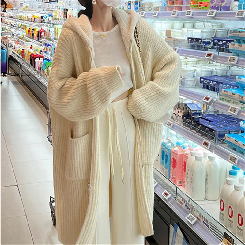 Hooded Knitted Sweater Cardigan Women's 2023 Autumn/Winter New Korean Edition Long Knee Loose and Thick Lazy Style Style Coat