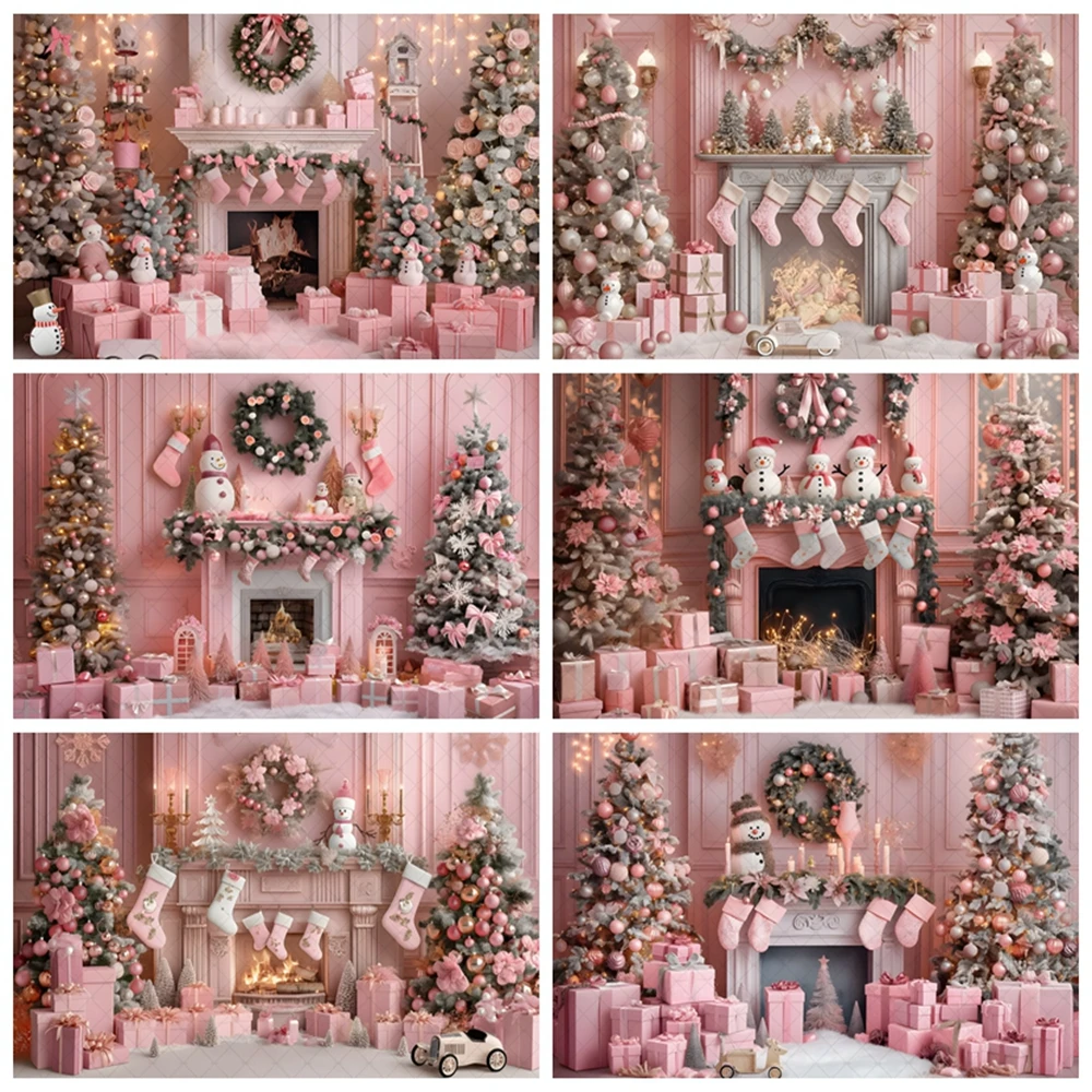 

Pink Christmas Photography Backdrop Xmas Tree Fireplace Gifts Girls Princess Birthday Party Decor Background Baby Shower Banner