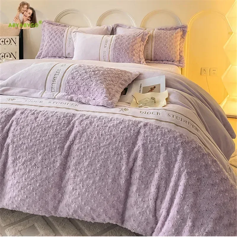 厚手のプリンセス寝具セット,3Dピンクデザインのフランネル,暖かい羽毛布団カバー,非常に柔らかい珊瑚の掛け布団カバー,ウサギの髪,ファッション,冬