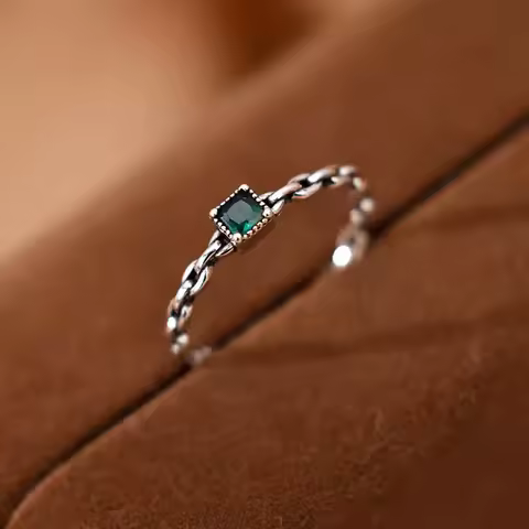 Retro Luxury 925 Sterling Silver Adjustable Square Dark Green Crystal Chain Ring for Women Girls Korean Jewelry Accessories Gift