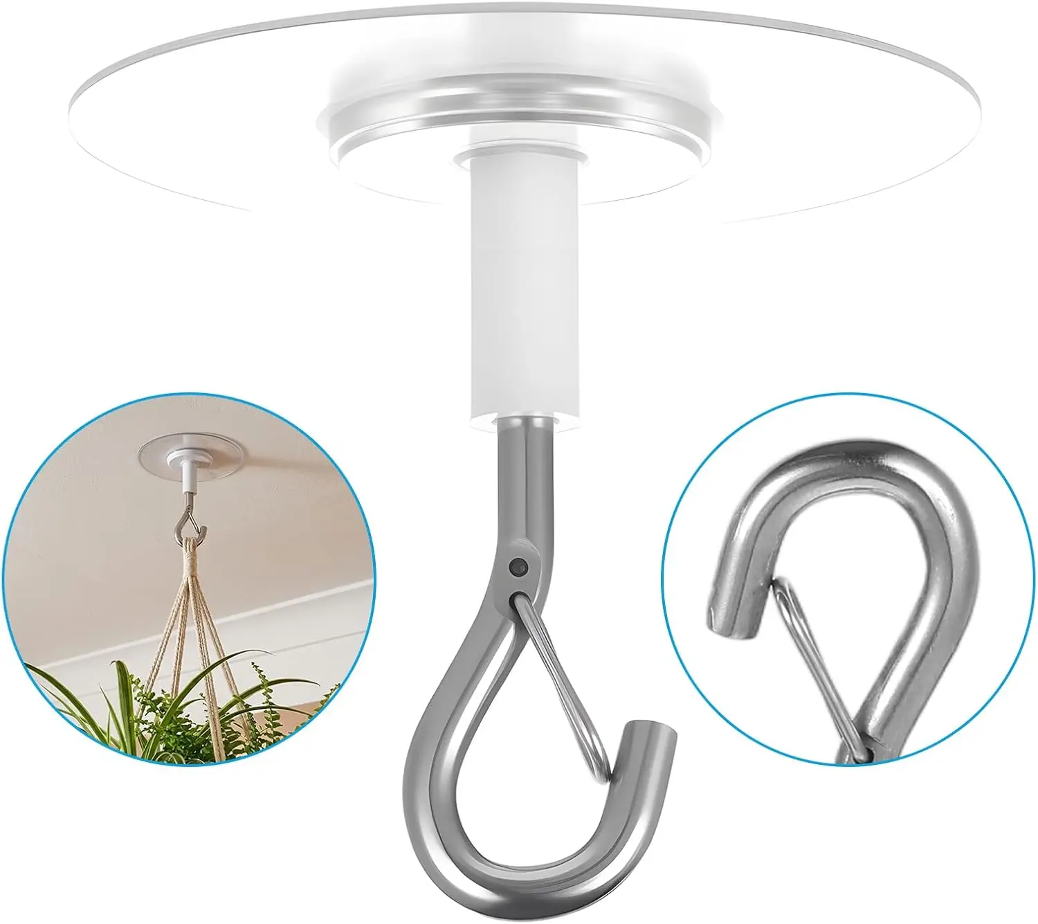 5Pcs Heavy Duty Self Adhesive Ceiling Hooks No Drill Plant Hangers with Safety Locks for Hanging Lights Chimes Fans Wall Decor for Kitchen Bathroom