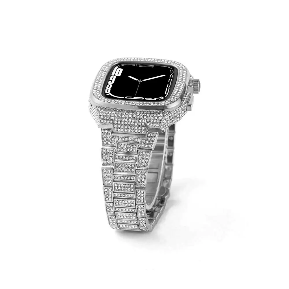 Luxury Diamonds Case Modification Kit for Apple Watch Band 9 8 7 45mm Stainless Steel Case Rubber Strap for Iwatch 6 SE 5 4 44mm