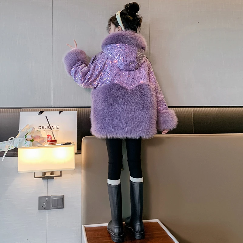 2023 girl imitation fur coat winter high-end western-style thick fur coat girl baby warm princess sequins Mao Mao stitching coat