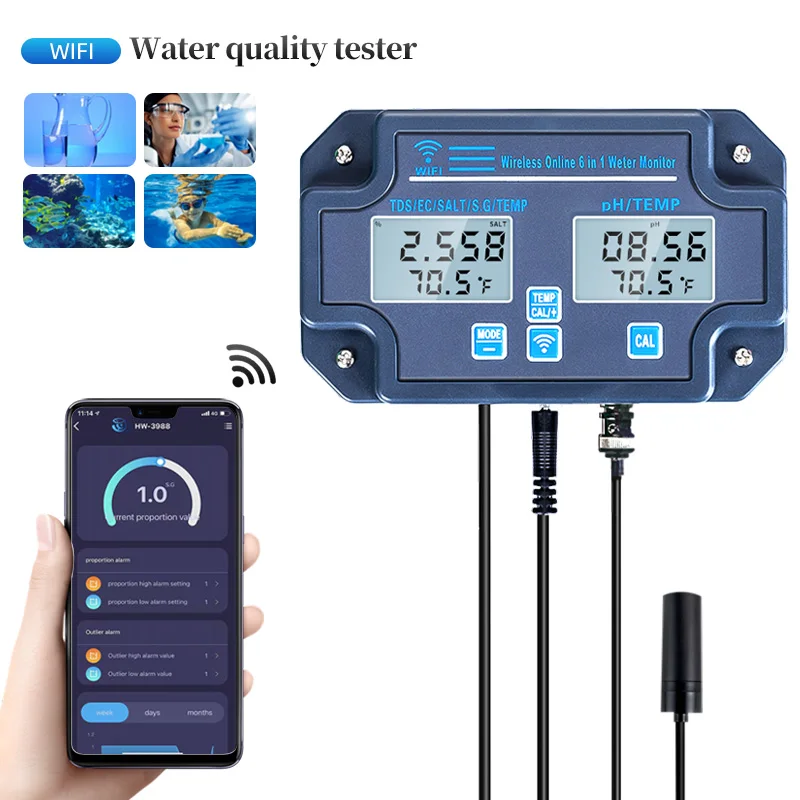 6 in 1 Tuya WIFI Water Quality Detector PH/EC/TDS/SALT/S.G/Temperature Meter APP Remote Alarm Digital Water Quality Analyzer