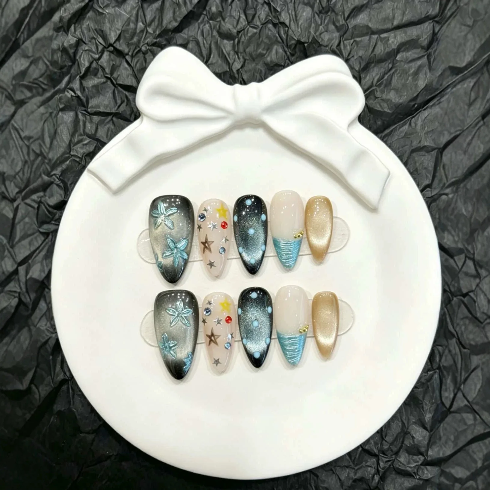

10pcs Handmade Press On Nails Blue Cat Eye Fake Nails Ins Star Sequins Design Wearable Detachable Korean Almond Fake Nail
