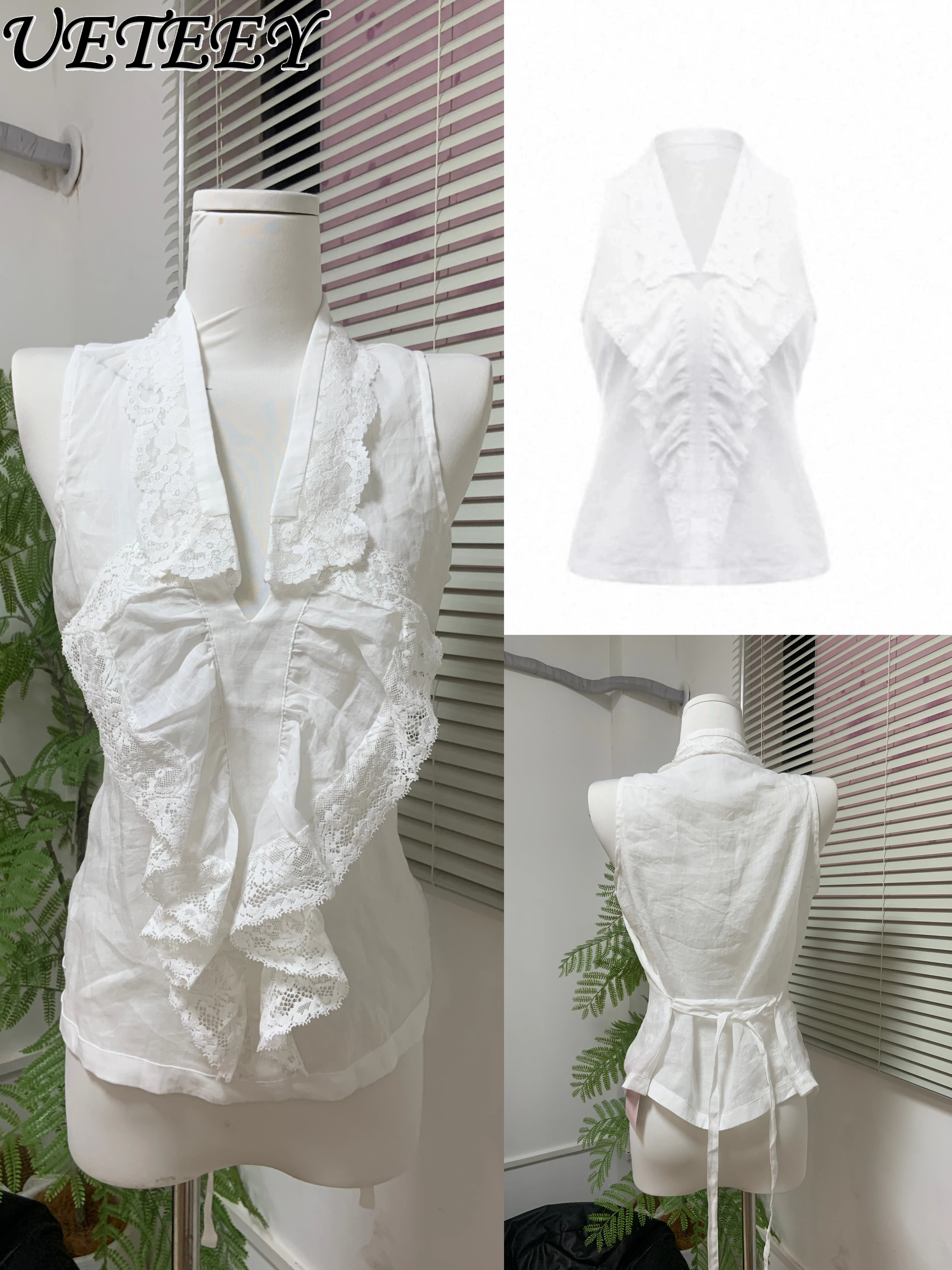 

2055new Нишевый дизайн, летний кружевной жилет с завязками, топ для женщин, элегантная кружевная рубашка без рукавов с рюшами, жилет, топ, женская модная одежда