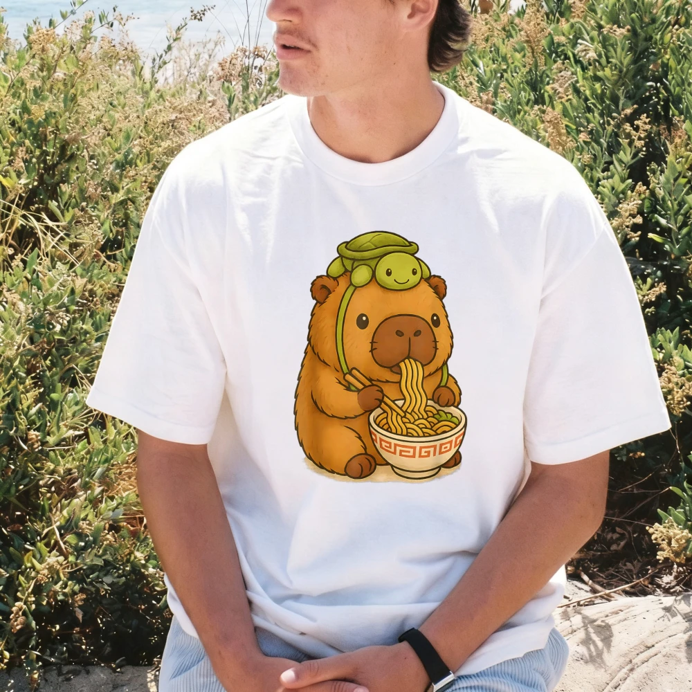 Capybara Anime Ramen Funny Cartoon Graphic Kawaii Capibara Lover T-Shirt Casual Fashion Loose Harajuku Y2k O-neck Clothing