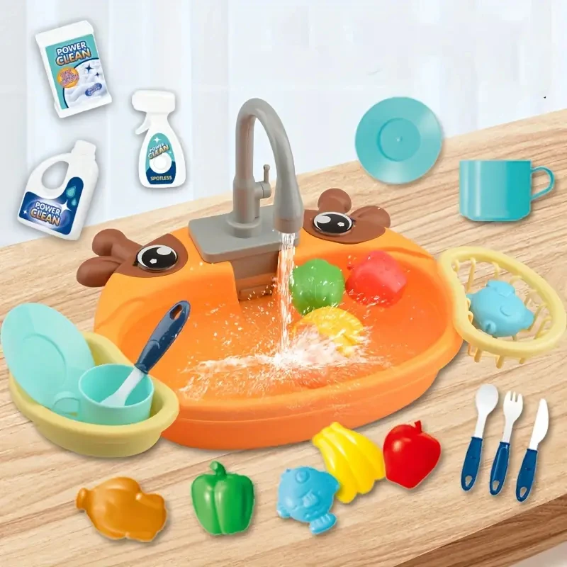Play House Cartoon Simulation Kitchen Dishwashing Table Electric Faucet Cycle Out Water Parent-child Interaction Children's Toys