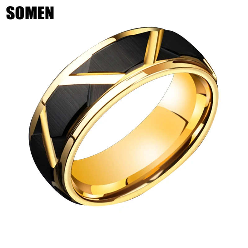 Somen 6mm/8mm Mens Tungsten Rings Brushed Groove Beveled Edge Pattern Black Gold Color Engagement Ring Wedding Bands