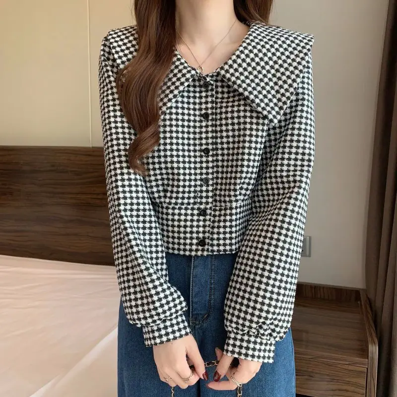 Thousand Bird Grid Doll Collar Shirt Women\'s Spring New Style Design Sense Niche Shirt Long Sleeve Retro Short Top