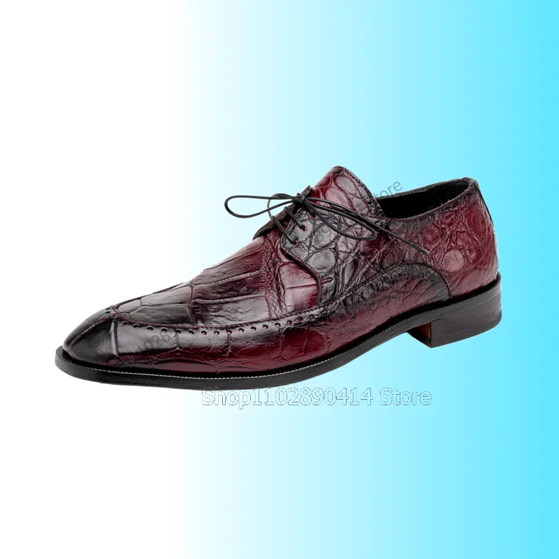 

Burgandy Carving Design Alligator Print Square Toe Men Shoes Fashion Lace Up Male Shoes Luxury Handmade Banquet Men Dress Shoes