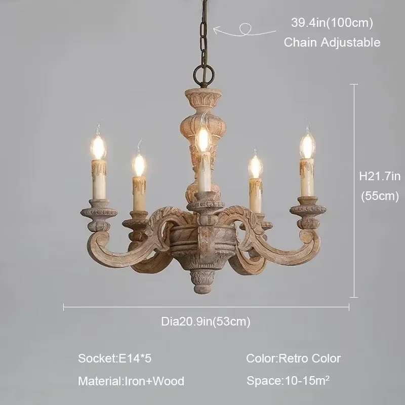 Europese vintage hanglamp van hout, retro kroonluchter voor boerderijstijl, met gegraveerde kaarsen, voor woonkamer en slaapkamer.