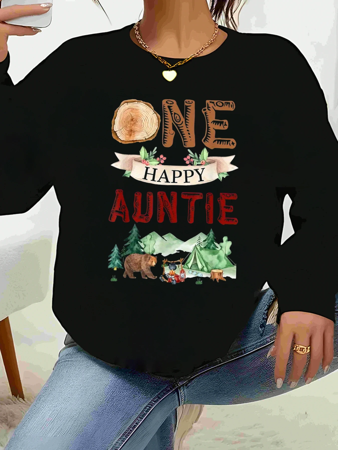 

One Happy Auntie Кемпинг Толстовка с принтом медведя и дерева День матери Повседневная одежда Женская
