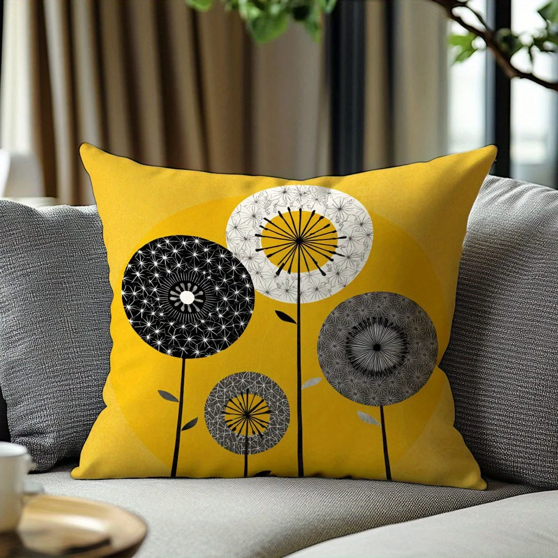 Funda de almohada Mid-Century Dandelion, funda de cojín con estampado floral amarillo mostaza, decoración minimalista escandinava para el hogar, regalo
