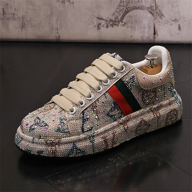 New Luxury Embroidery Men Showy Rhinestone Casual High Top Shoes Flats Male Designer Prom Sneakers Loafers Shoes Zapatos Hombre