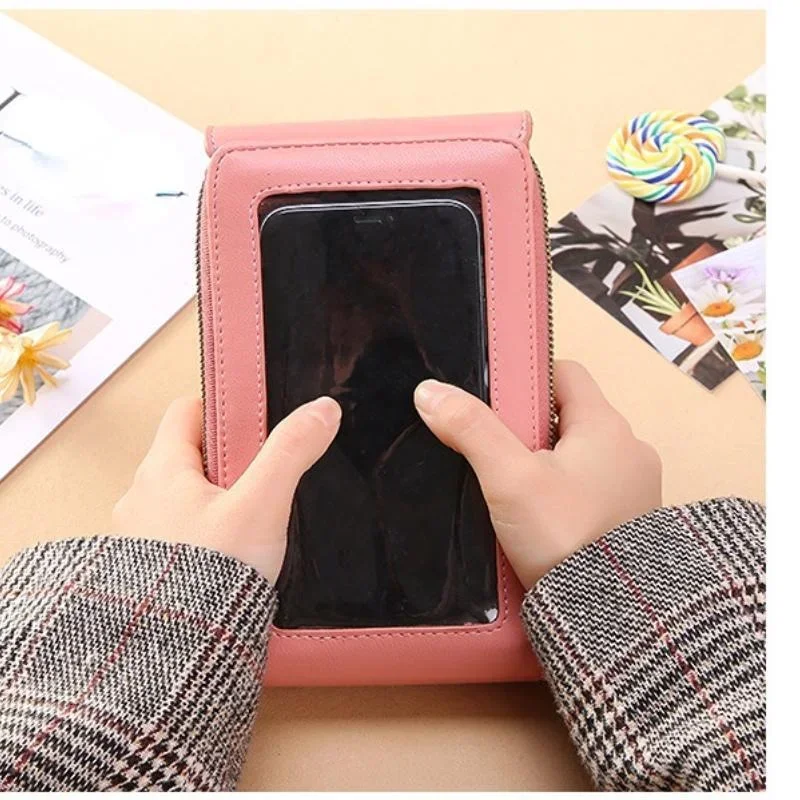 New Fashion Women Soft Leather Wallets Touch Screen Cell Phone Purse Crossbody Shoulder Strap Handbag Solid Color for Female