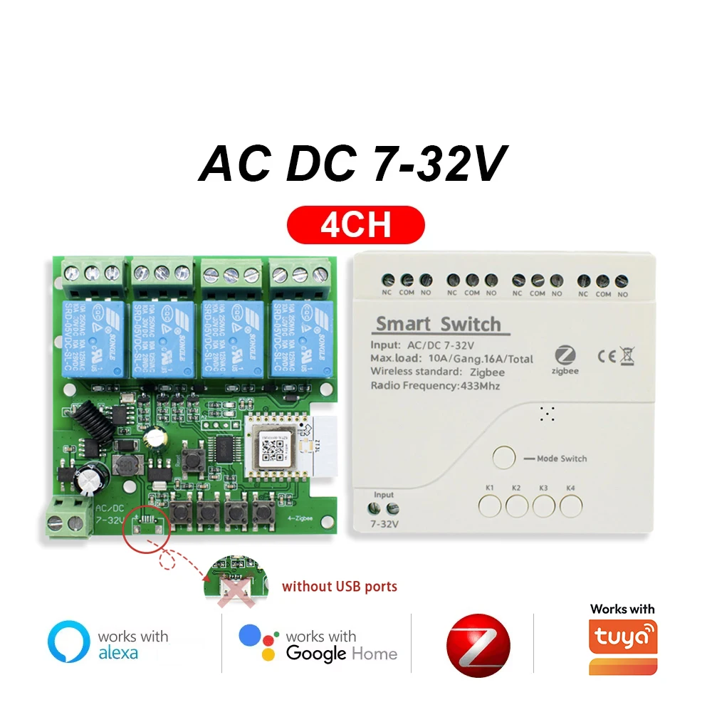 Zigbee 1 2 4 Gang Schalter-Relaismodul DC 12V 24V 220V Trockenkontakt 4CH DIN-Schienen-Controller Kompatibel mit Tuya Alexa Gateway Erforderlich