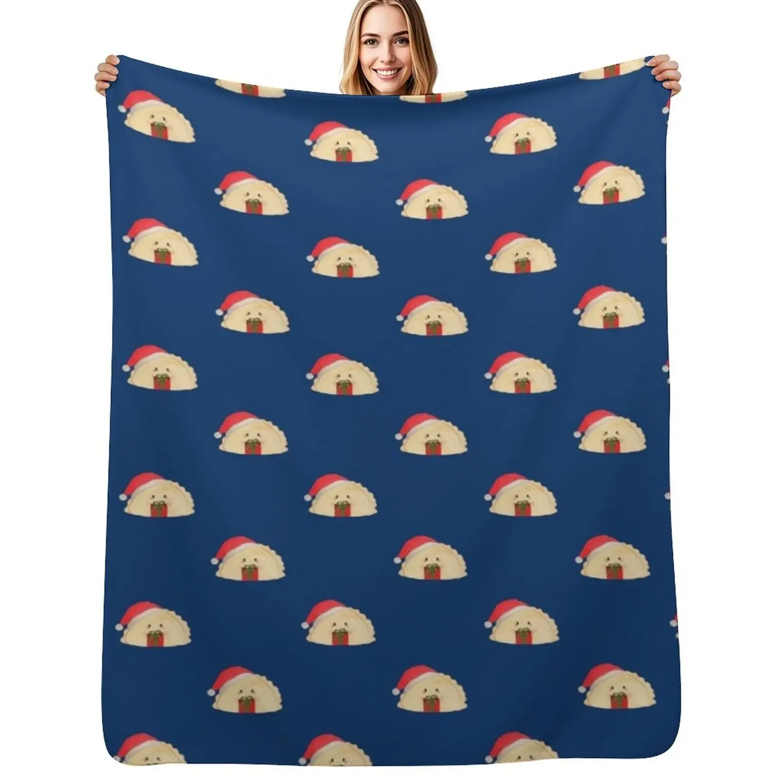 

Adorable cute Christmas pierogi dumplings in Santa hat holding a present on navy background Throw Blanket Vintage Blanket